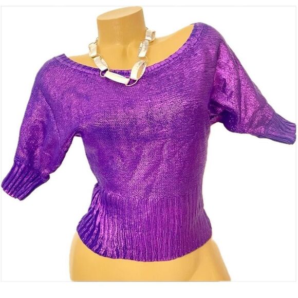 NWT Gorgeous Bongo L Stretch Metallic Purple Dolman Sleeve Round Neck Blouse Top - Picture 1 of 12
